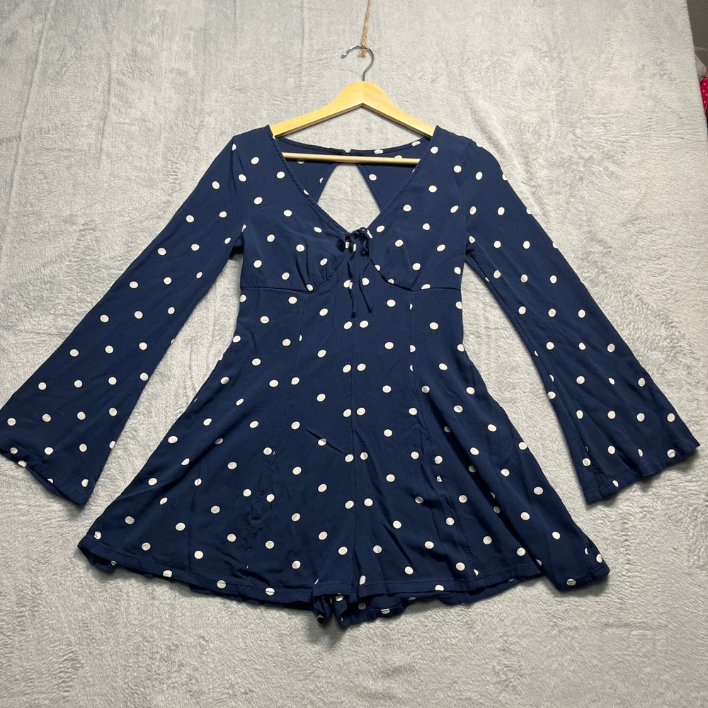American‎ Eagle Romper Womens Navy Polka Dot Bell Sleeve Smocked Boho XS